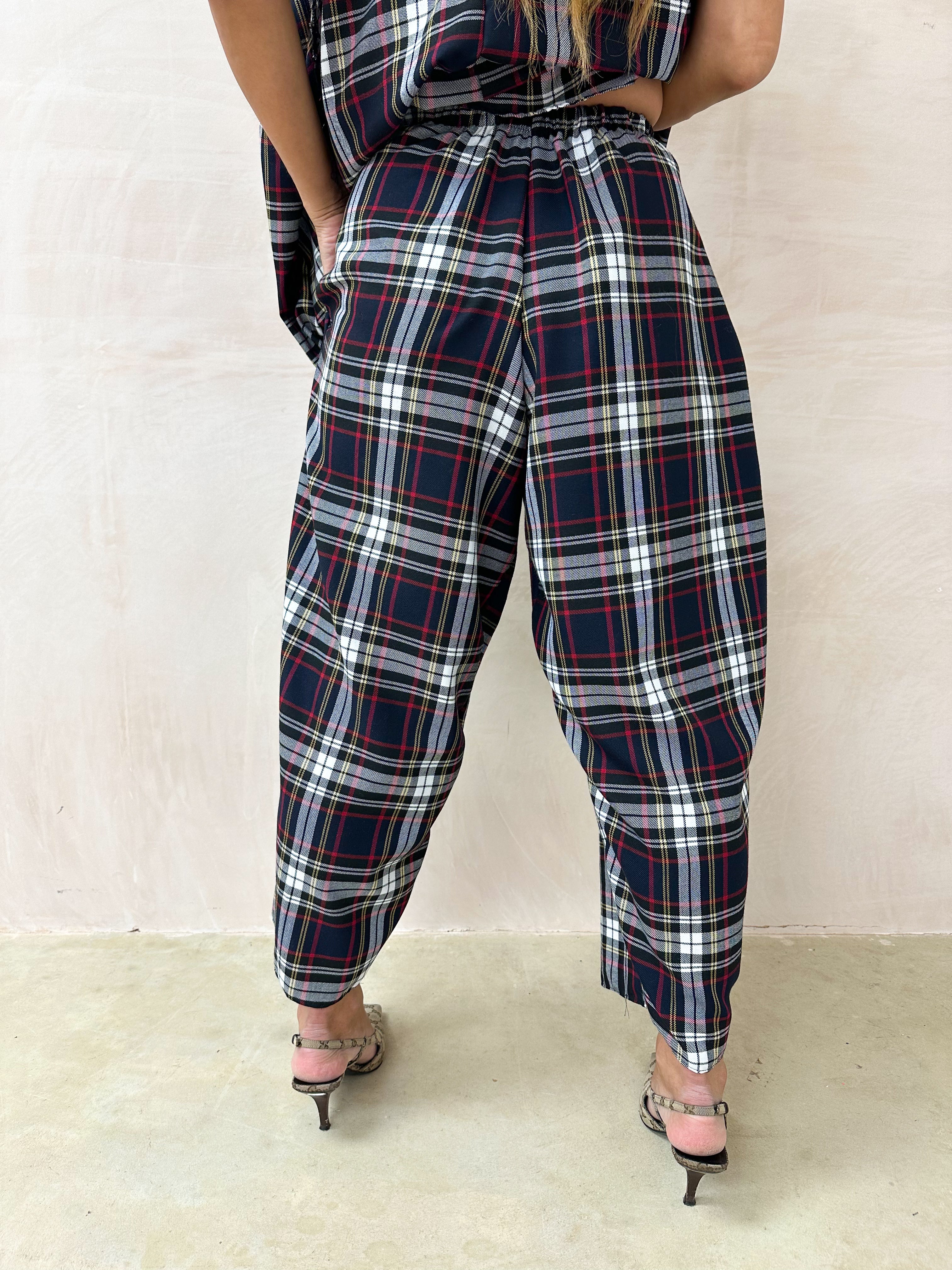 Muse Balloon Trousers In Navy Tartan