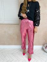 High Waisted Metallic Trousers In Pink
