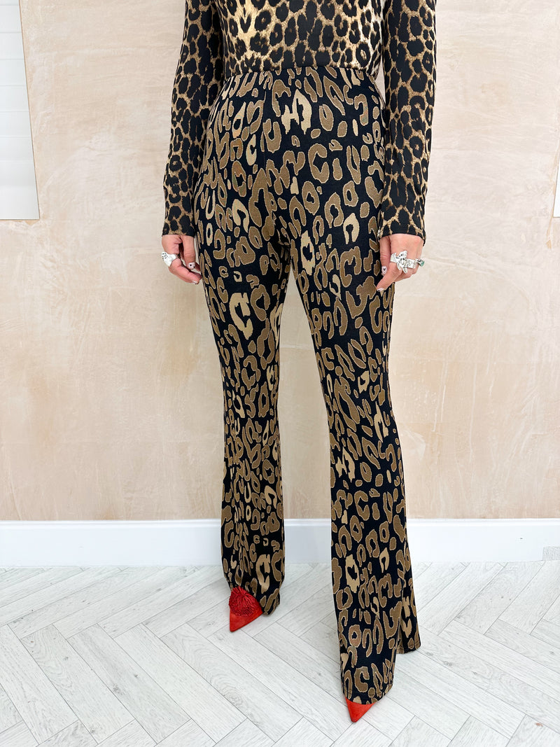 High Waisted Flared Trousers In Darker Leopard Print