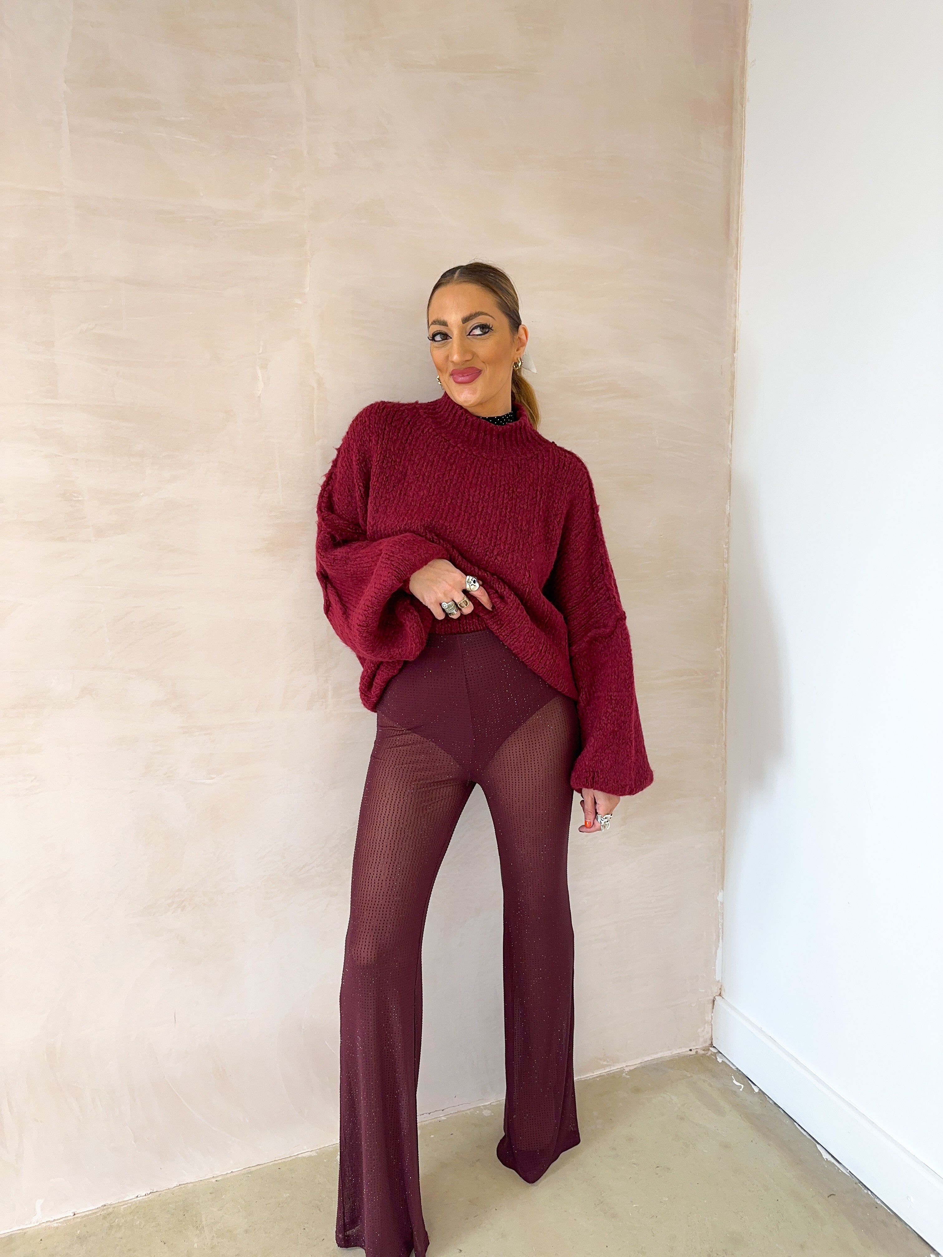 High Waisted Sheer Diamante Flares In Burgundy