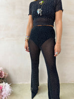 High Waisted Sheer Diamante Flares In Black