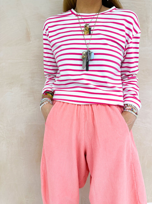 Long Sleeve Basic Top In Hot Pink Stripe