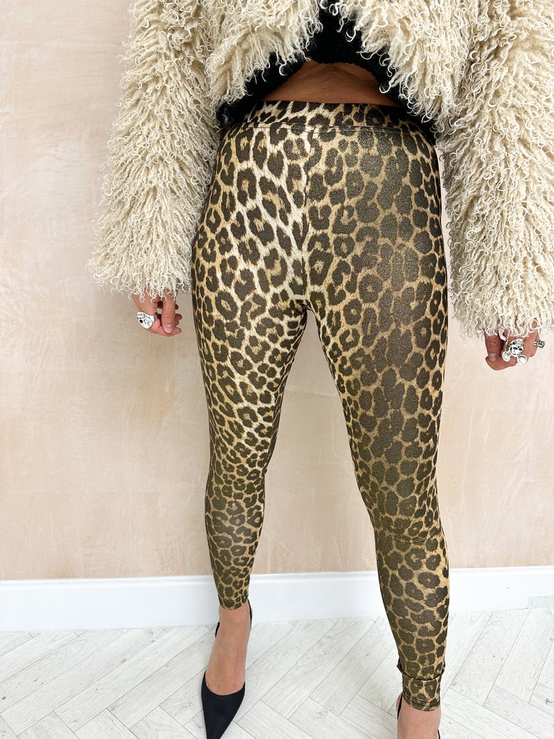 High Waisted Sparkly Leggings In Leopard Print