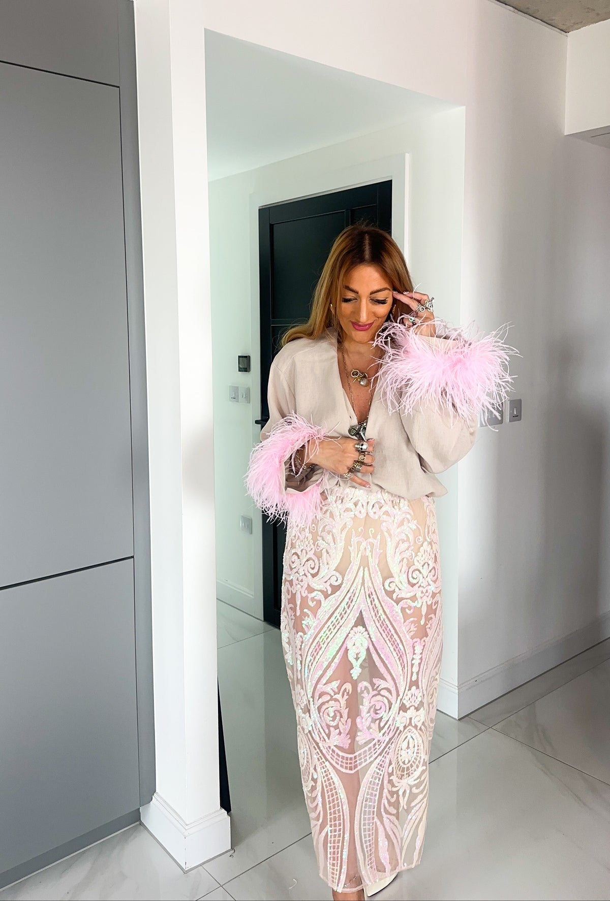 Pink Feather Cuff Shirt In Beige