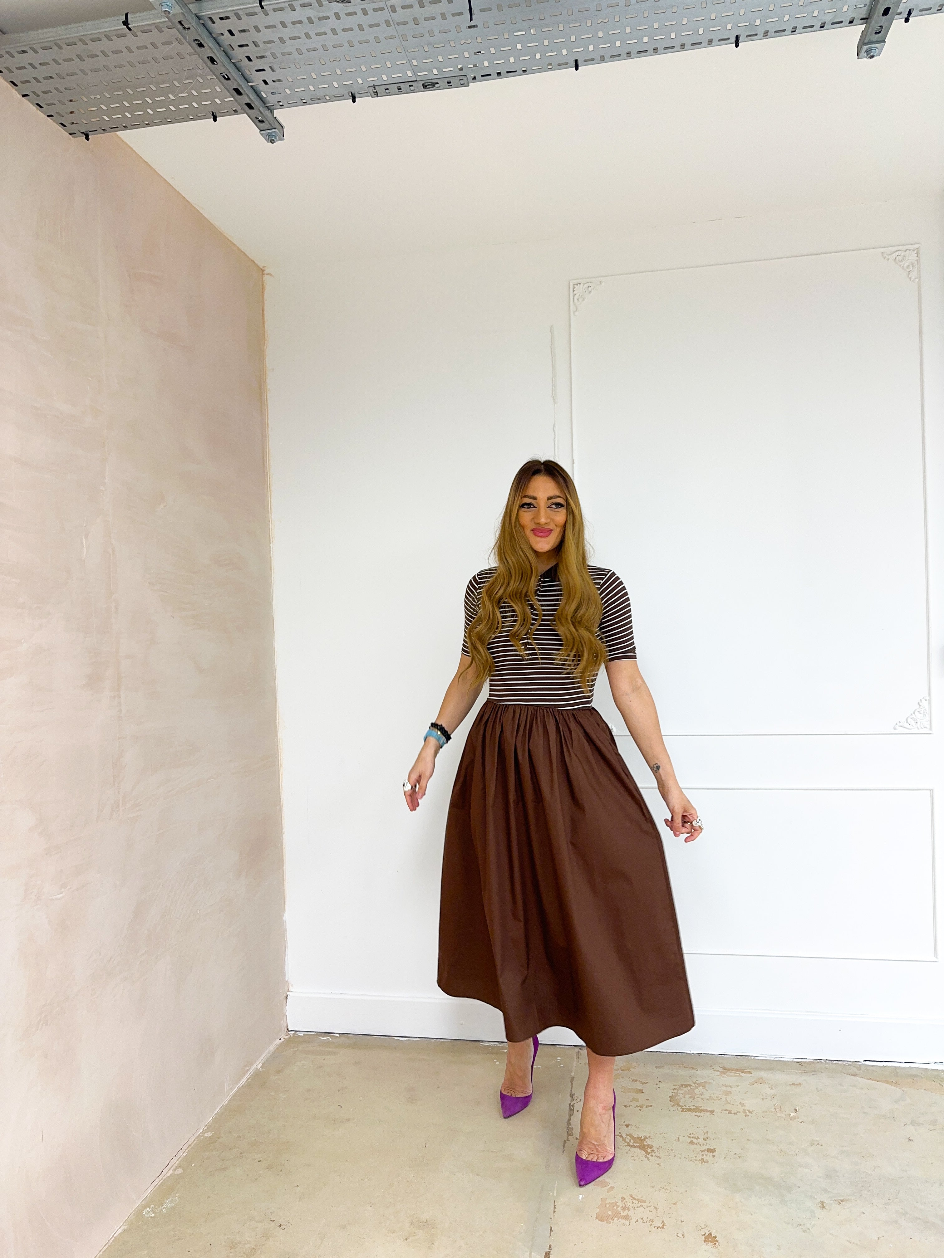 T-Shirt Style Midi Dress In Brown Stripe