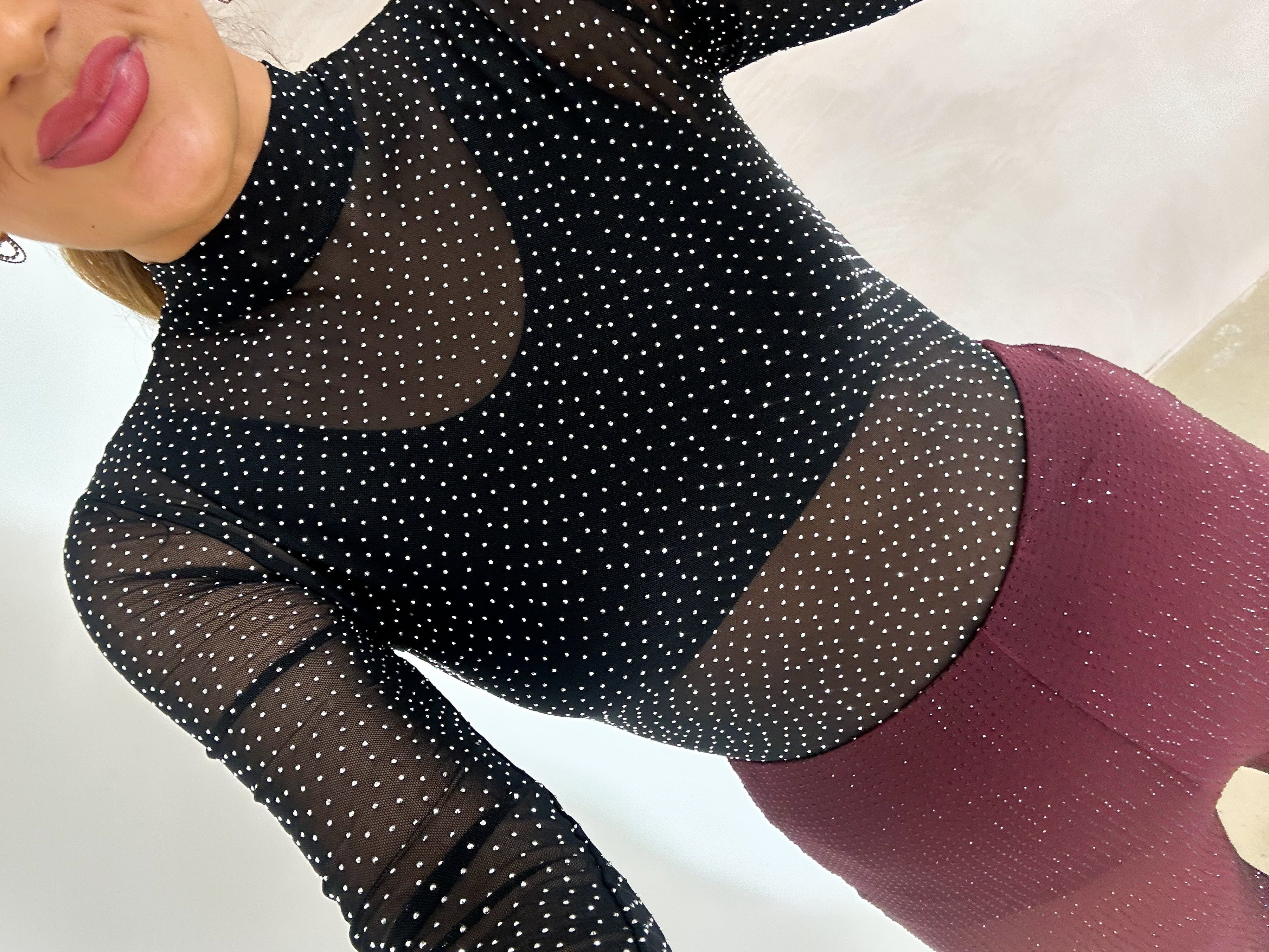Scattered Rhinestone Mesh Bodysuit In Black