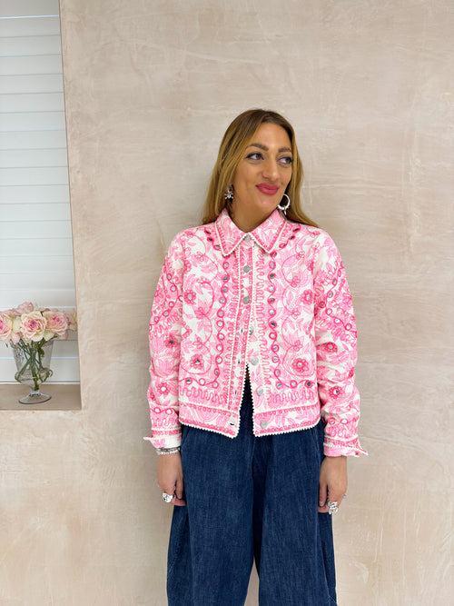 Mirror Embroidered Sequin Denim Jacket In Pink