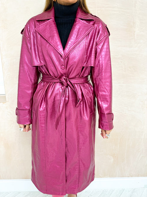 Crocodile Style Trench Coat In Dull Pink Metallic