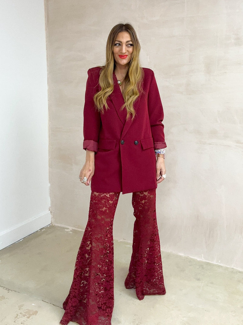 Fairytale Lace Extreme Flare Trousers In Burgundy