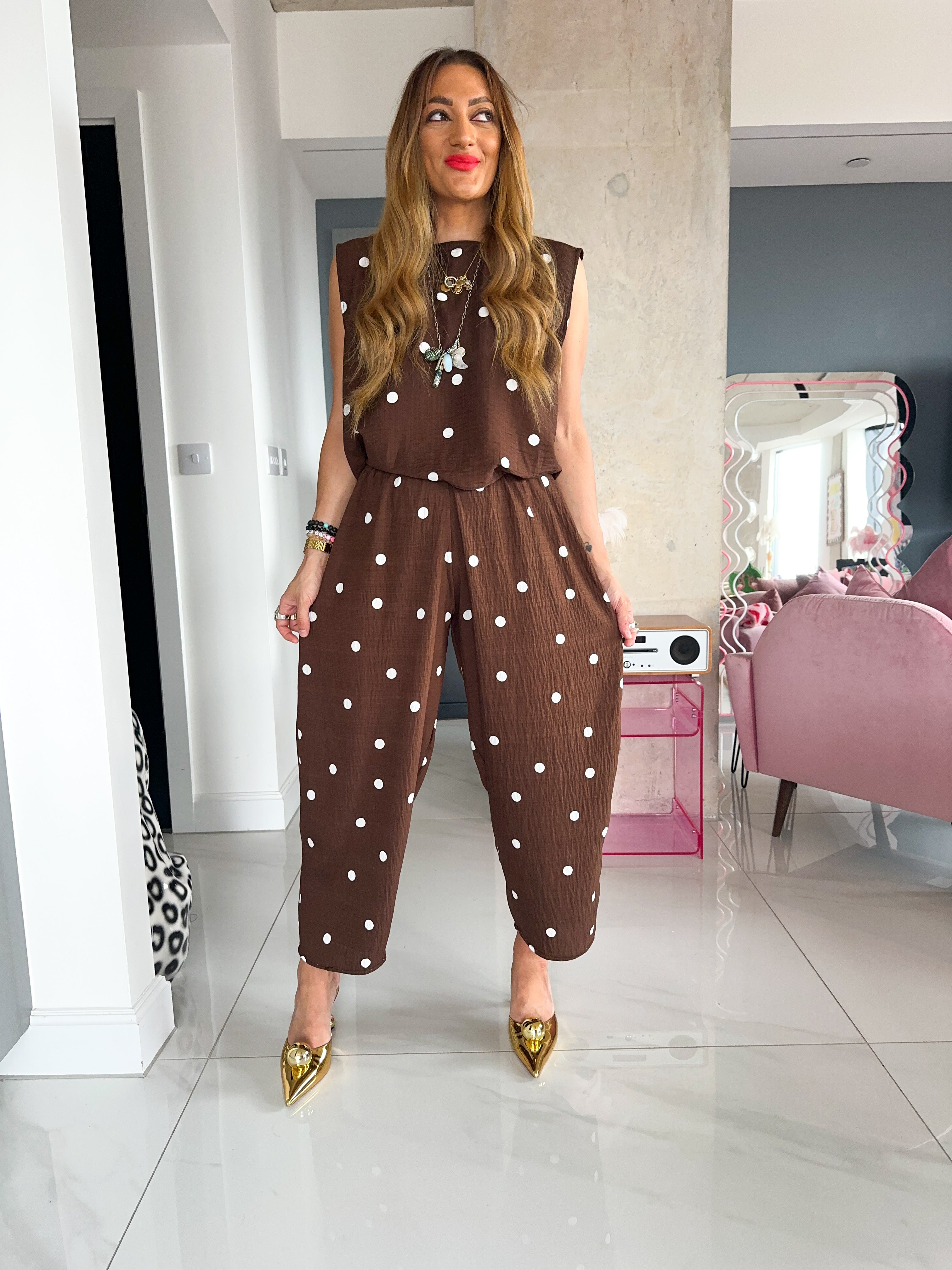 Slouch Vest In Brown Polka Dot