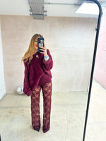 High Waisted Straight Leg Lace Trousers In Burgundy