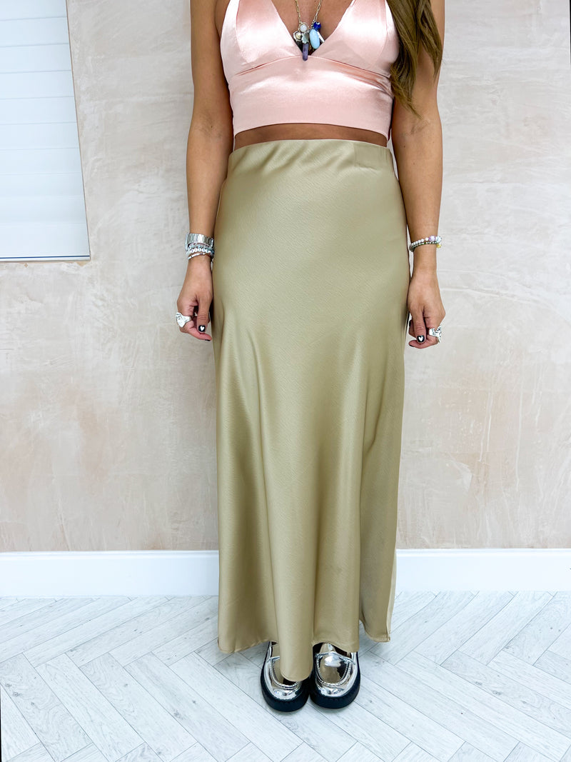 High Waisted Satin Maxi Skirt In Gold