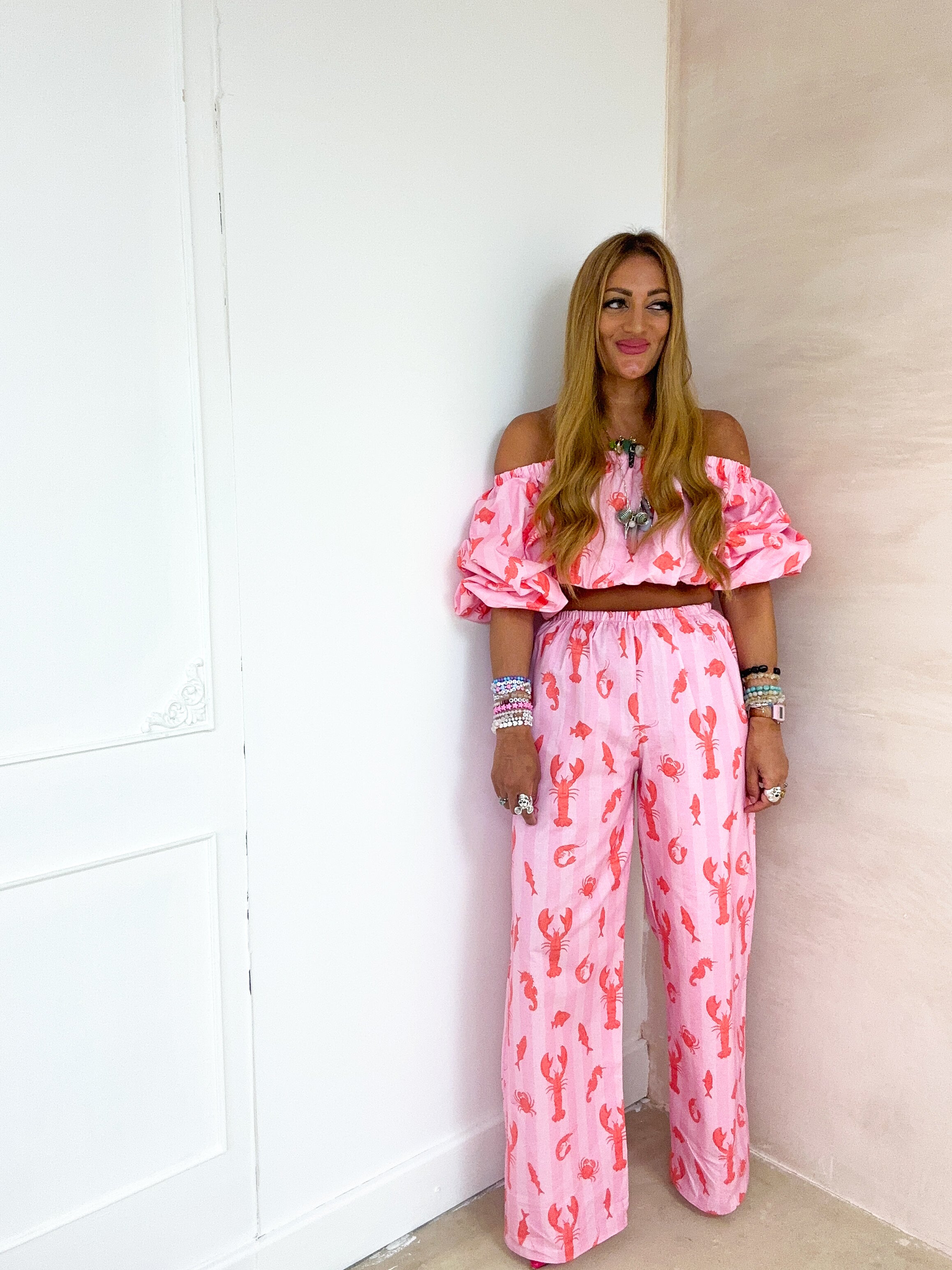 The Phoebe Puff Sleeve Bardot Top In Lobster Print