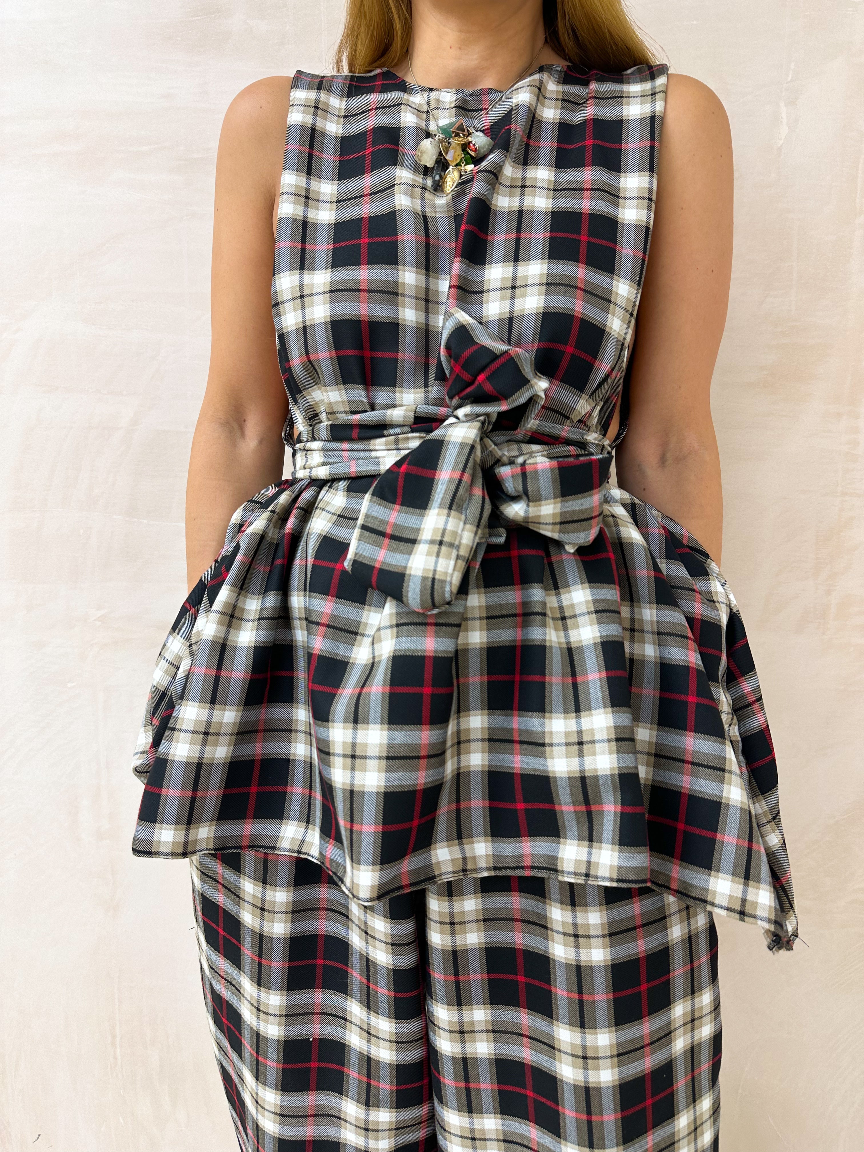 Muse Belted Top/Dress In Black/Burgundy Tartan