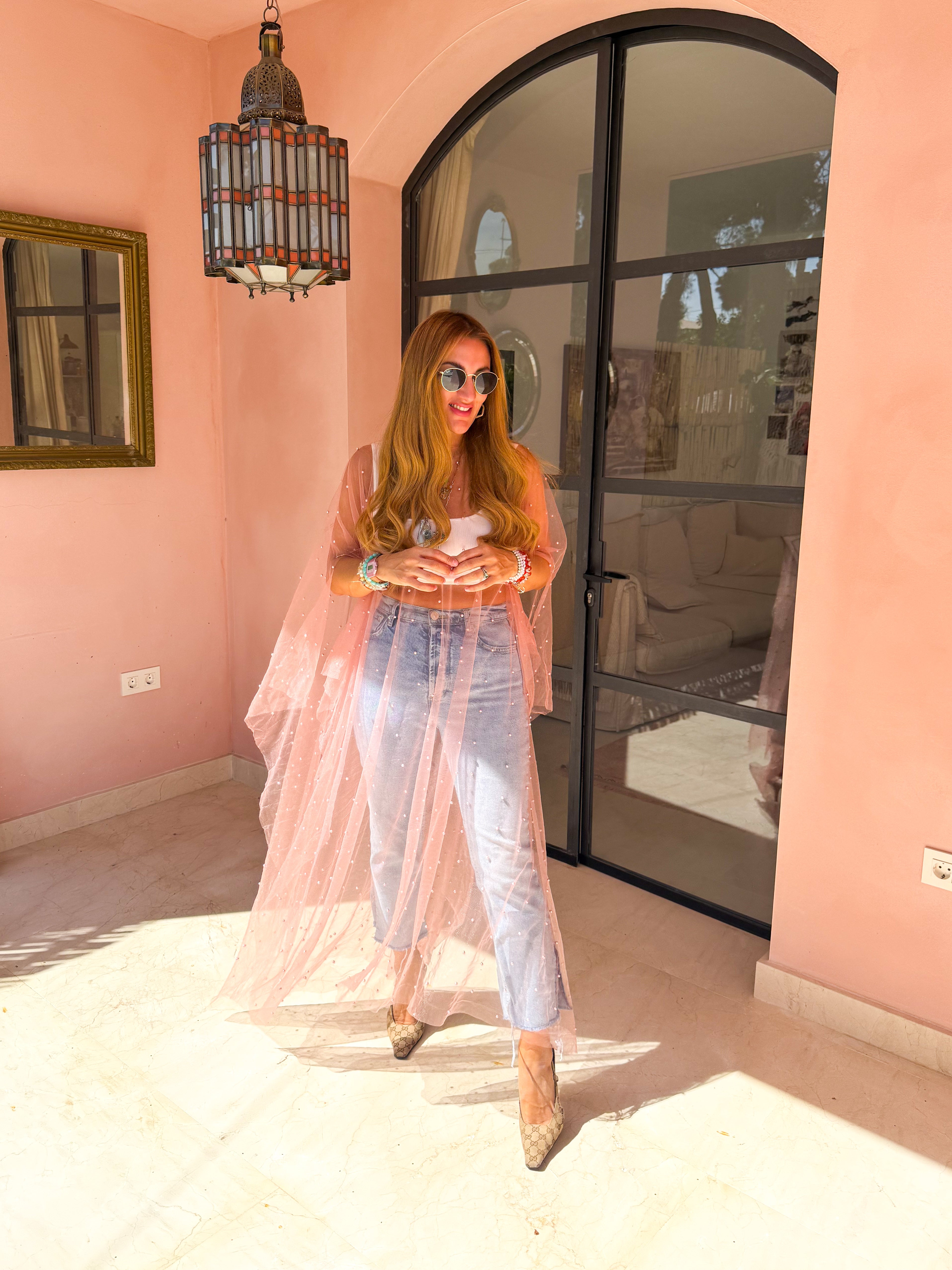 Tulle Vixen Pearl Mesh Kimono In Pale Pink