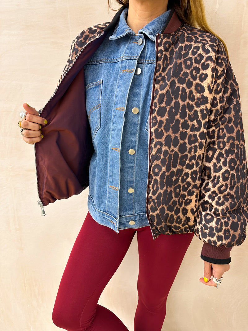 Reversible Bomber Jacket In Leopard Print & Burgundy