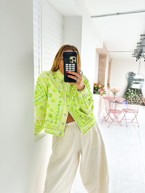 Sequin Mirror Embroidered Denim Jacket In Lime