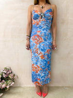 Bodice Midi Dress In Blue/Orange Floral
