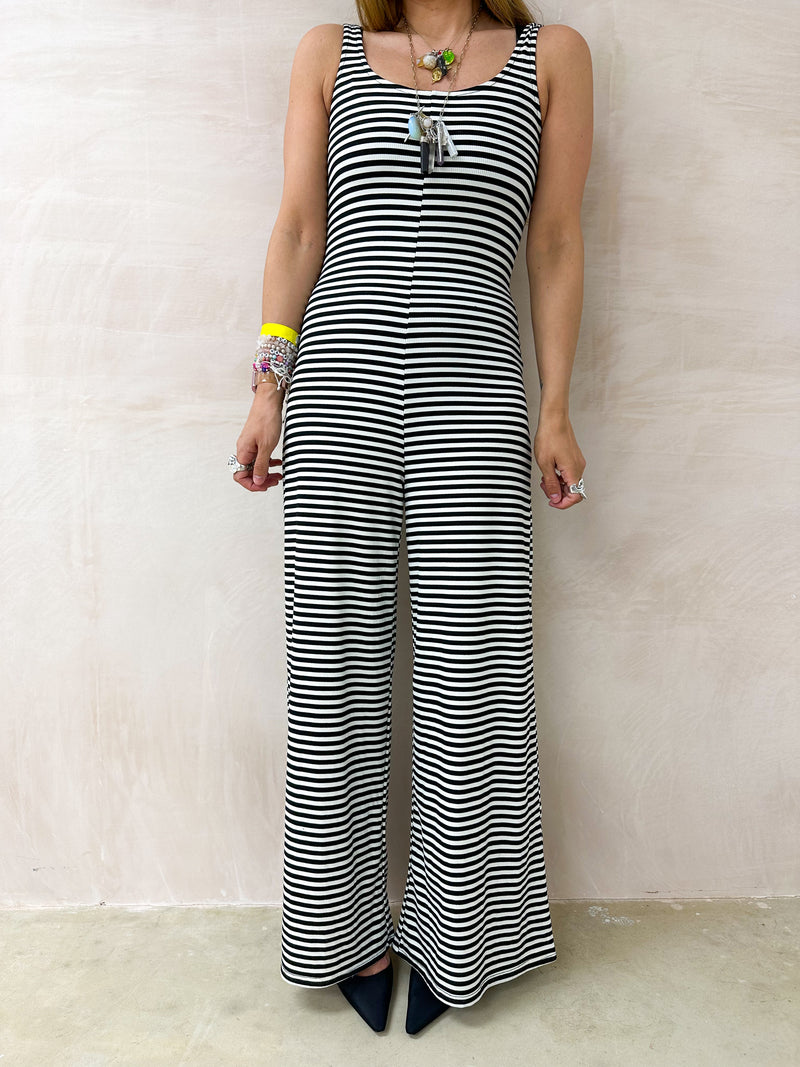 Wide Leg Slouch Jumpsuit In Black/White Stripe