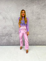 High Waisted Metallic Trousers In Baby Pink