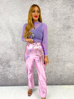 High Waisted Metallic Trousers In Baby Pink