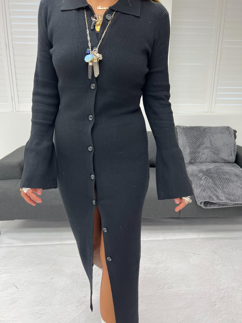 Button Front Rib Knit Midi Dress In Black