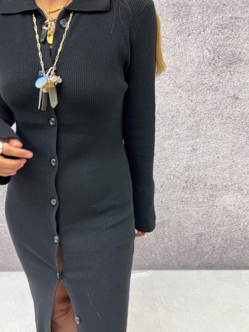 Button Front Rib Knit Midi Dress In Black