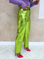 High Waisted Metallic Trousers In Apple Green