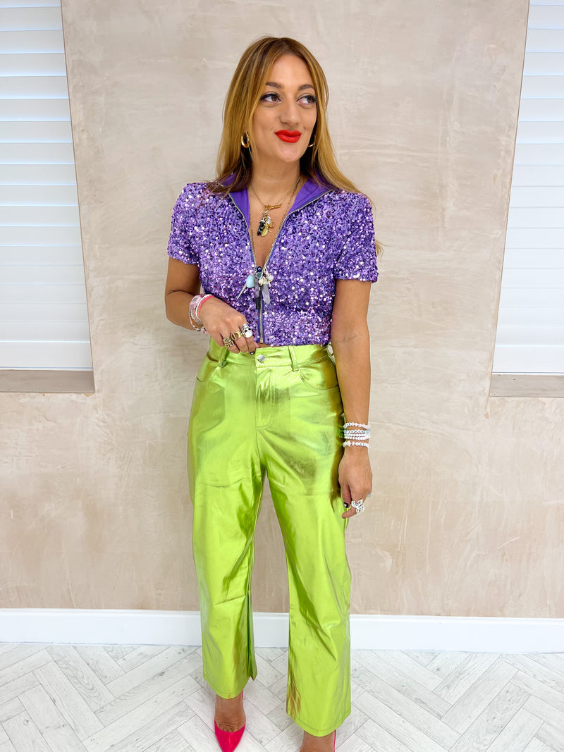 High Waisted Metallic Trousers In Apple Green