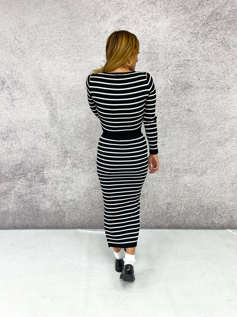 Rib Knit Set In Black With White Stripes