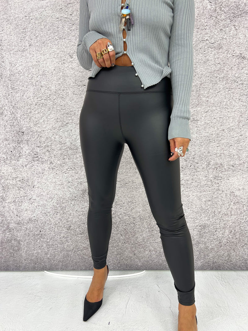 High Waisted Basic Leather Look Leggings In Black