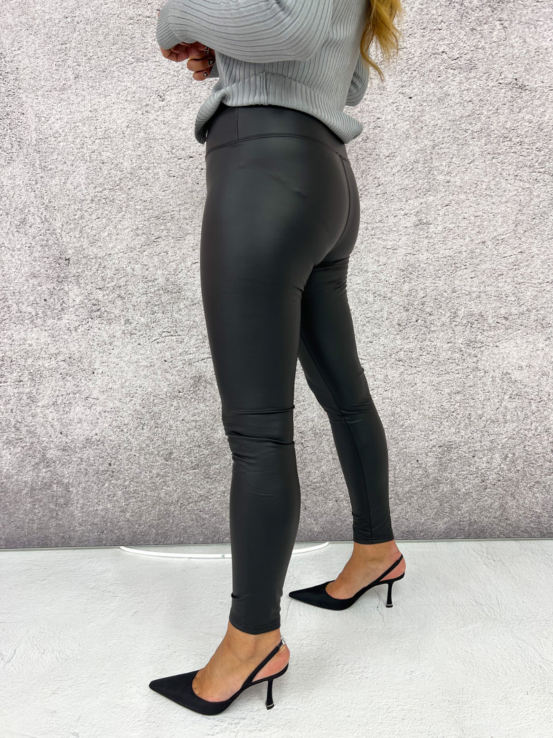 High Waisted Basic Leather Look Leggings In Black