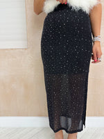 High Waisted Sheer Mesh Diamante Midi Skirt In Black