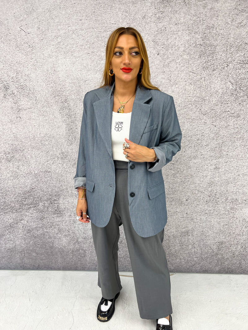 Relaxed Fit Pinstripe Blazer In Grey