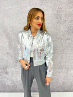 Cropped Faux Leather Bomber Jacket In Metallic Silver