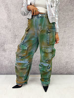 Tie Dye Cargo Style Jeans In Green Wash