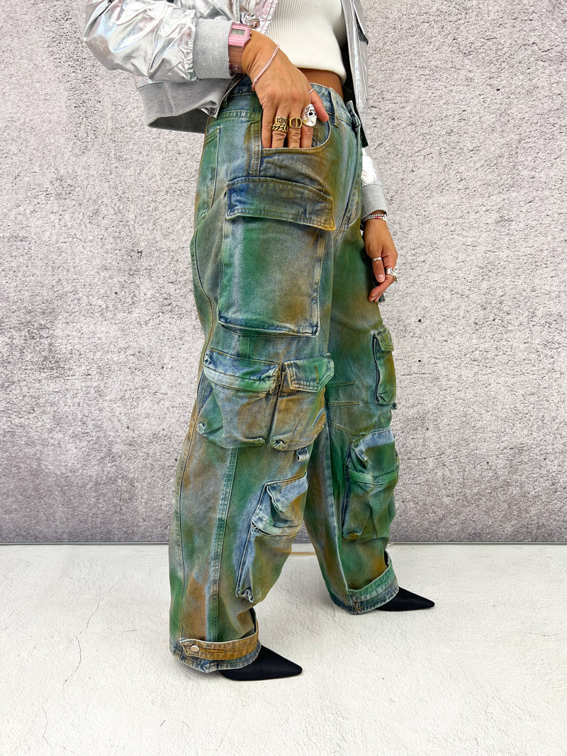men's military style cargo jeans in brazilian tie dye