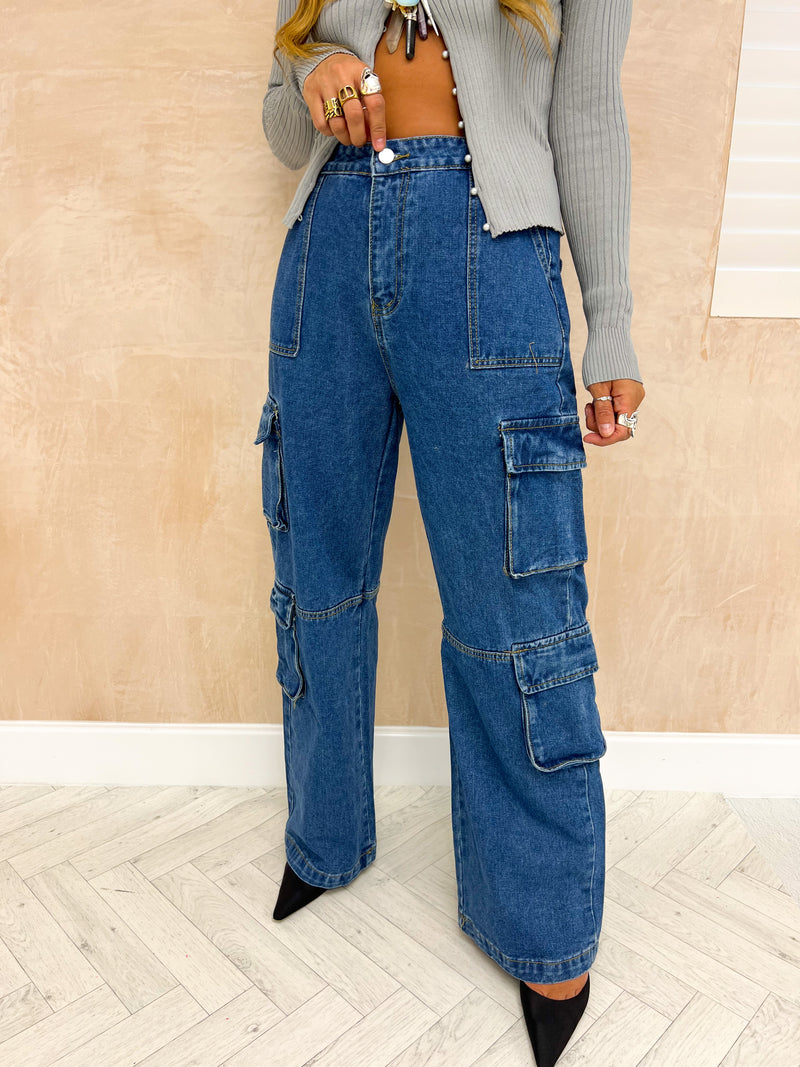 Utility Style Wide Leg Jeans In Blue Wash