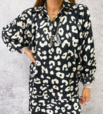 Floaty Oversized Shirt Style Satin Top In Black Leopard Print