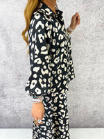 Floaty Oversized Shirt Style Satin Top In Black Leopard Print