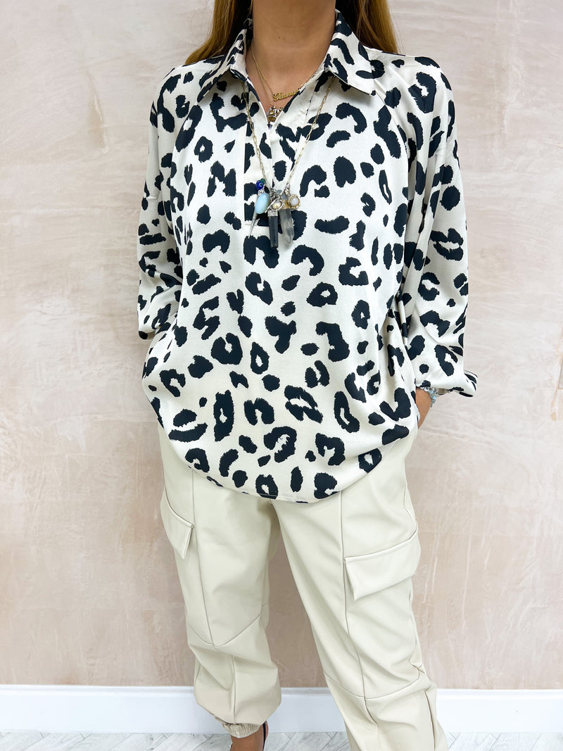 Floaty Oversized Shirt Style Satin Top In Cream Leopard Print