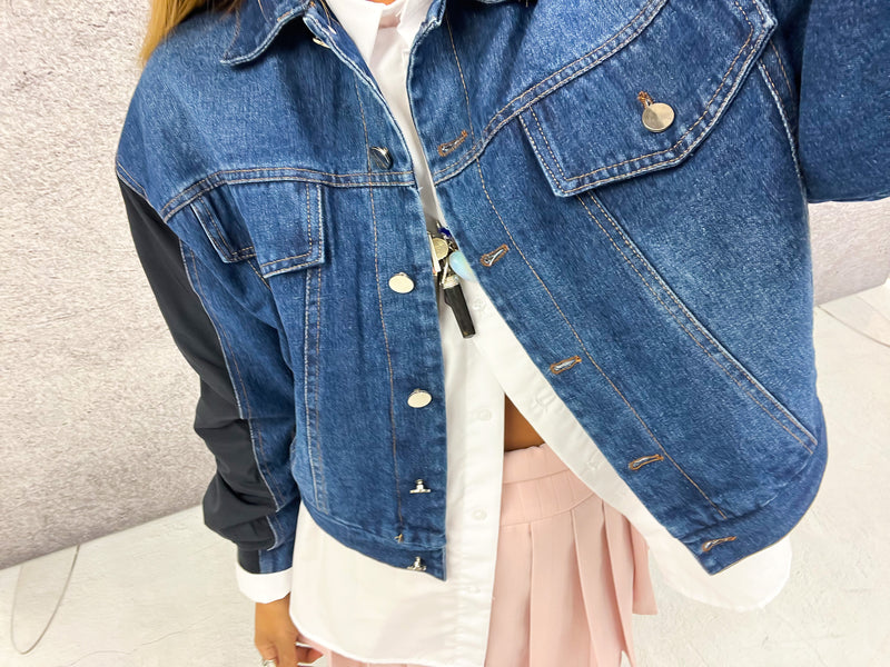 Cropped Denim Bomber With Contrast Sleeves
