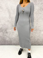 Rib Jersey Long Sleeve Midi Dress In Grey
