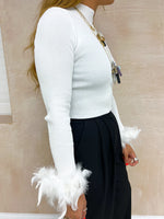 Rib Knit Feather Cuff Top In White