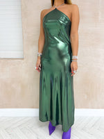 Diamante Strap Halterneck Midi Dress In Green Metallic