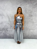 Diamante Strap Halterneck Midi Dress In Silver Metallic