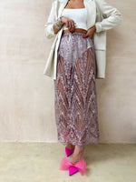 Midnight Sequin Mesh Midi Skirt In Dusty Pink