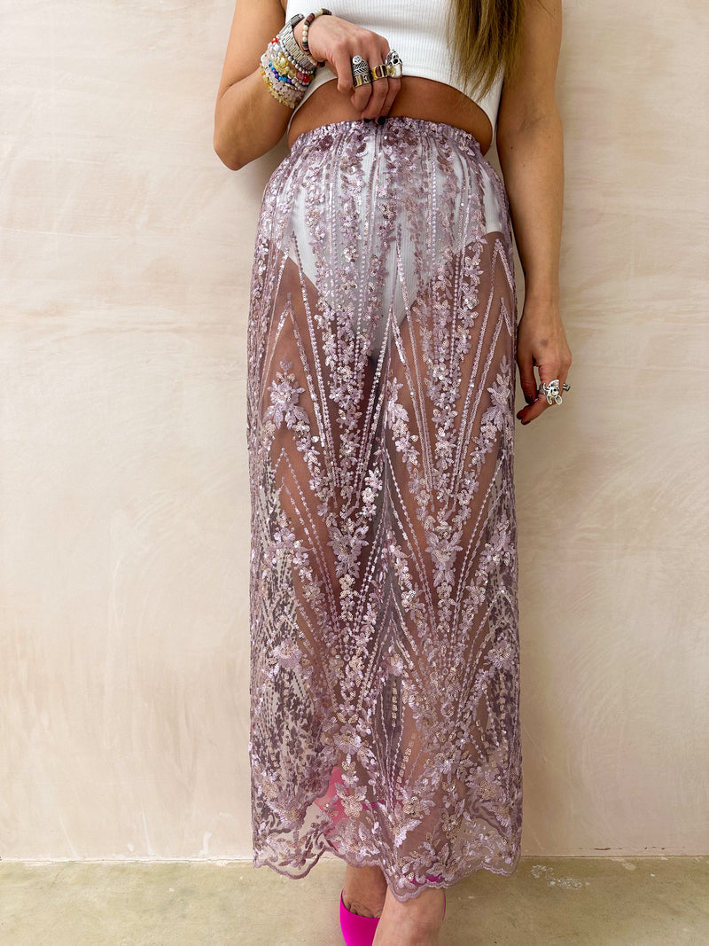 Midnight Sequin Mesh Midi Skirt In Dusty Pink