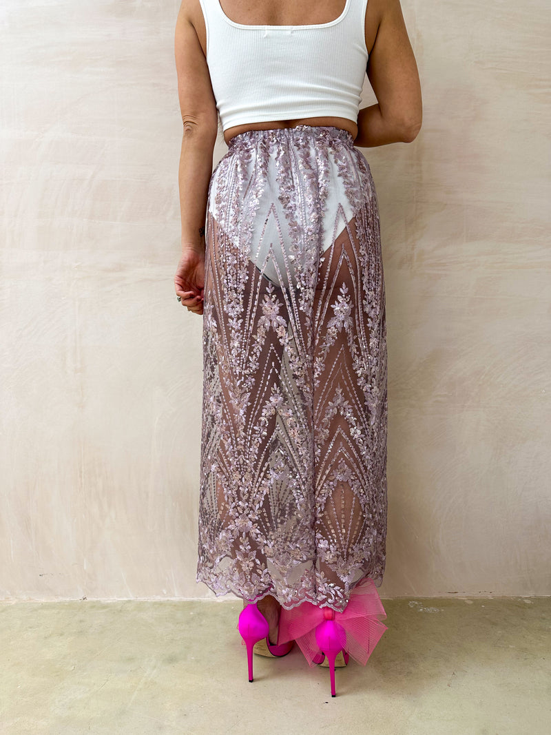 Midnight Sequin Mesh Midi Skirt In Dusty Pink