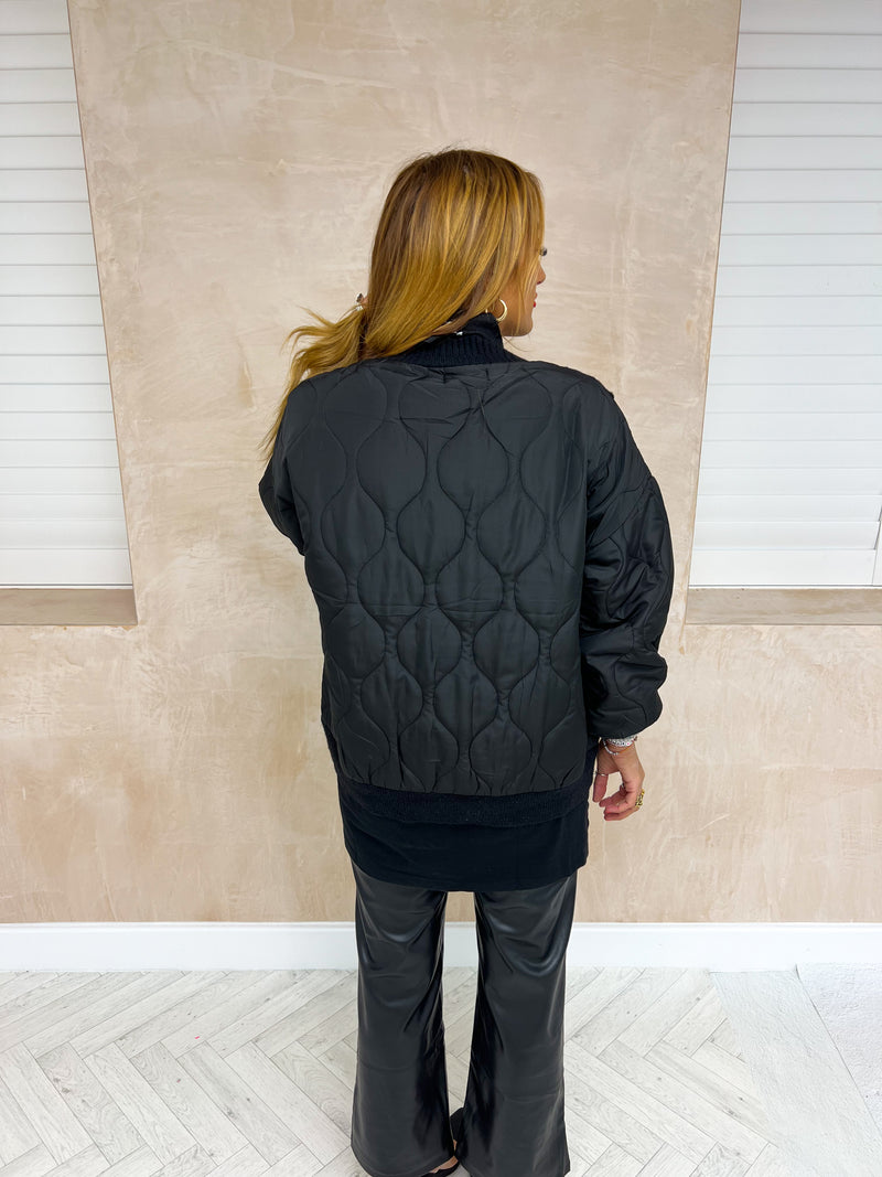 Quilted/Cable Knit Loose Jacket In Black